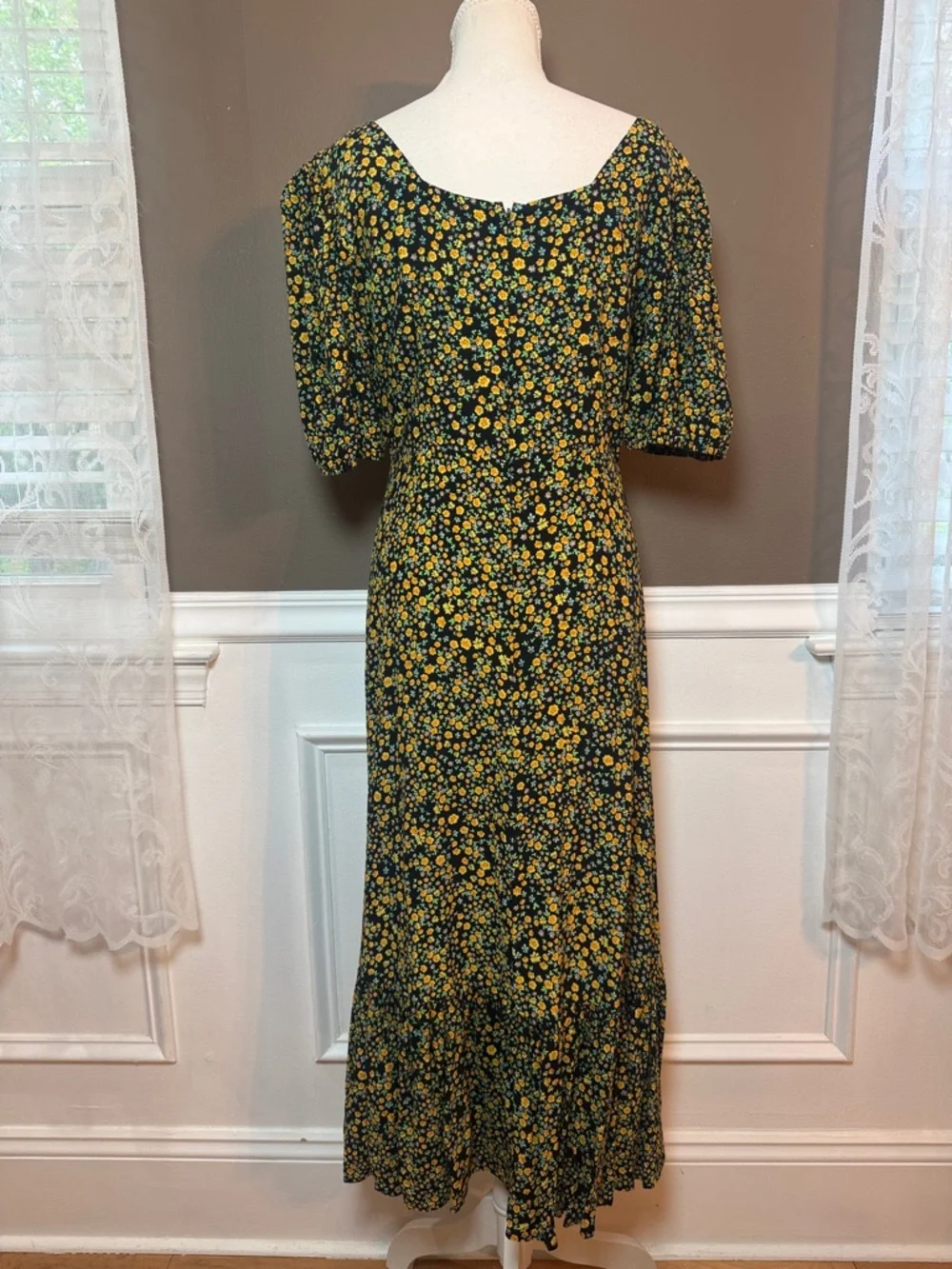 Faithfull The Brand Black‎ Yellow Floral Puff Sleeve Midi Dress L Size 8